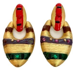 Vintage 80s Gold Tone Colorful Door Knocker Earrings Green Red Purple Rhinestone